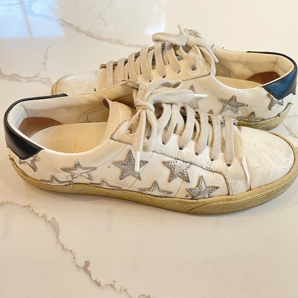 Saint Laurent white star leather sneakers (for women) - Sz 38 - with shoe bags